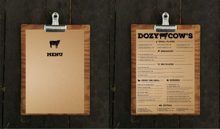Dozy Cow's Menu Design Dozy Cow's Menu Design